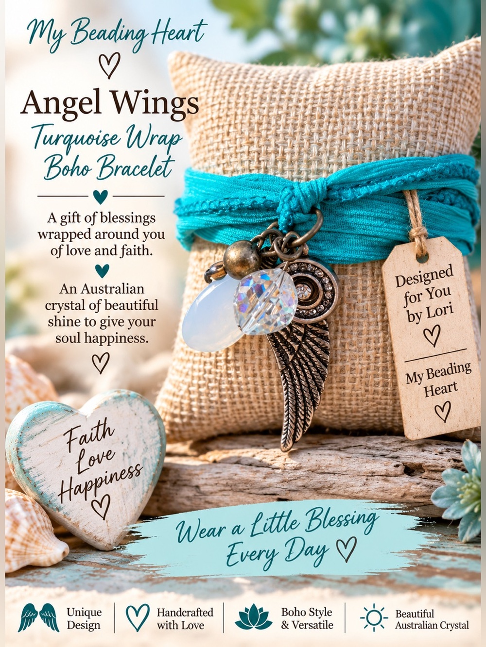 Boho Turquoise Wing Pendant Wrap Charm Bracelet